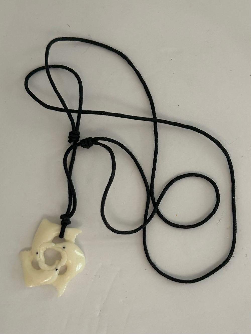 Carved‎ Bone (?) Dolphin Whale Pendant on Black Adjustable Cord Necklace